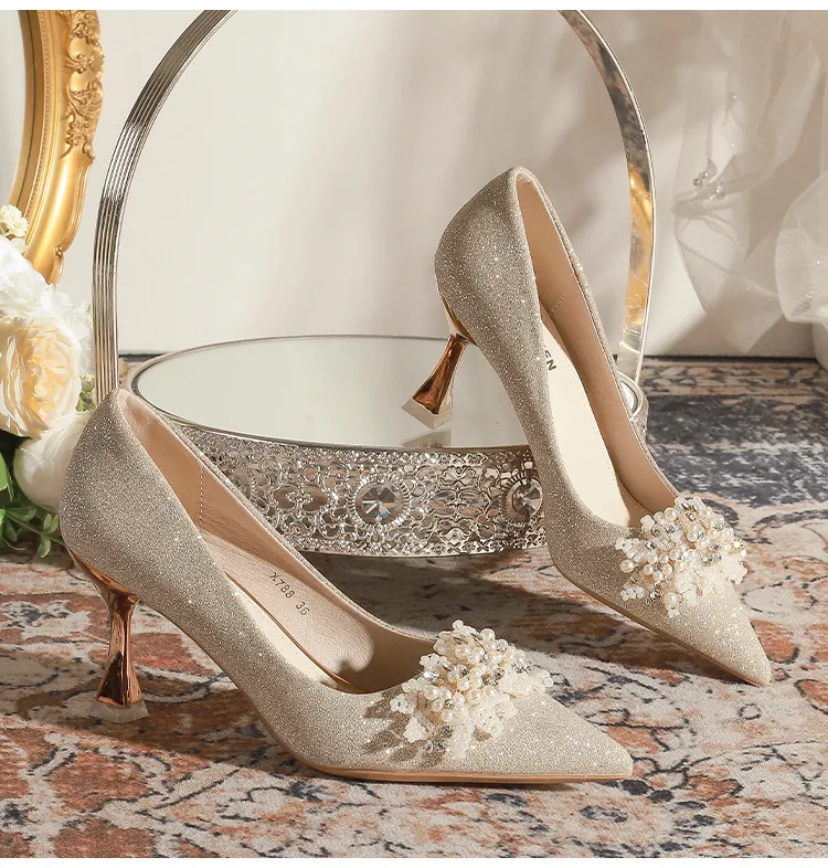 Women's Champagne Wedding Shoes Pointed High Heel Bridal Dress Pumps Plus Size 40-43 Elegant Formal Occasion Footwear showcase 18