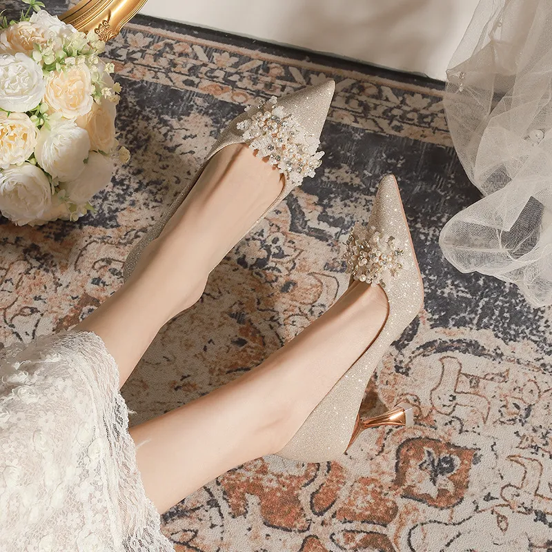 Women's Champagne Wedding Shoes Pointed High Heel Bridal Dress Pumps Plus Size 40-43 Elegant Formal Occasion Footwear thumbnail 2