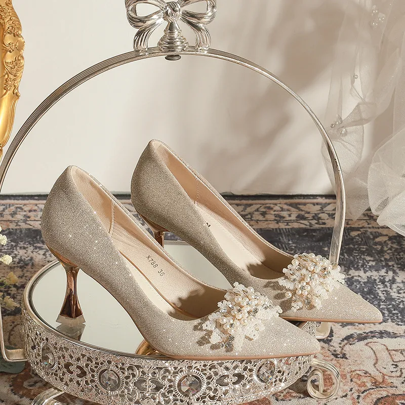 Women's Champagne Wedding Shoes Pointed High Heel Bridal Dress Pumps Plus Size 40-43 Elegant Formal Occasion Footwear thumbnail 7