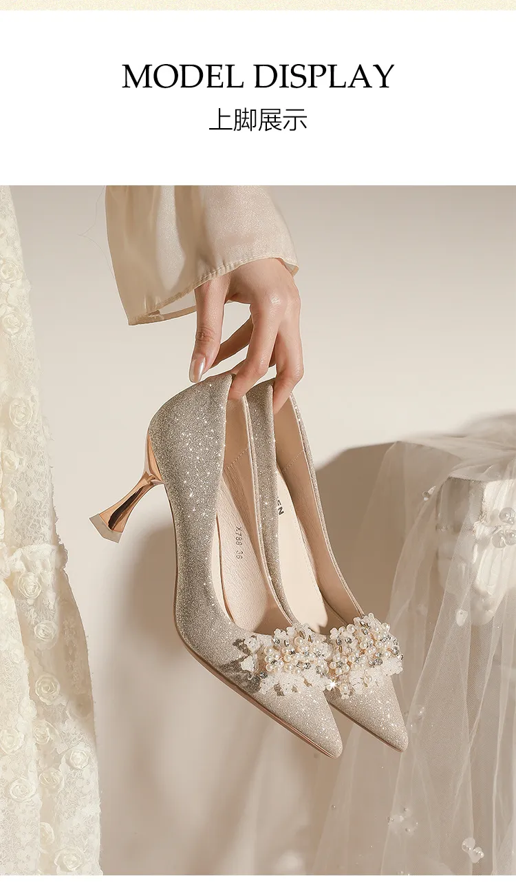 Women's Champagne Wedding Shoes Pointed High Heel Bridal Dress Pumps Plus Size 40-43 Elegant Formal Occasion Footwear showcase 13