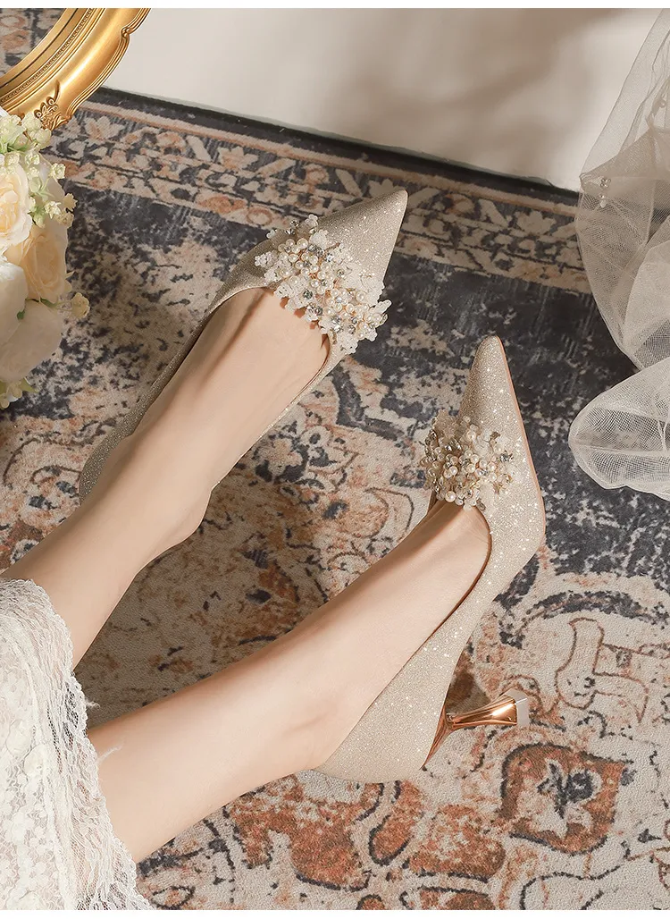 Women's Champagne Wedding Shoes Pointed High Heel Bridal Dress Pumps Plus Size 40-43 Elegant Formal Occasion Footwear showcase 15