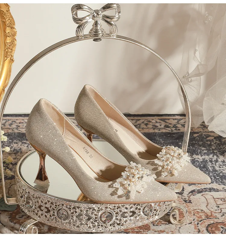 Women's Champagne Wedding Shoes Pointed High Heel Bridal Dress Pumps Plus Size 40-43 Elegant Formal Occasion Footwear showcase 19