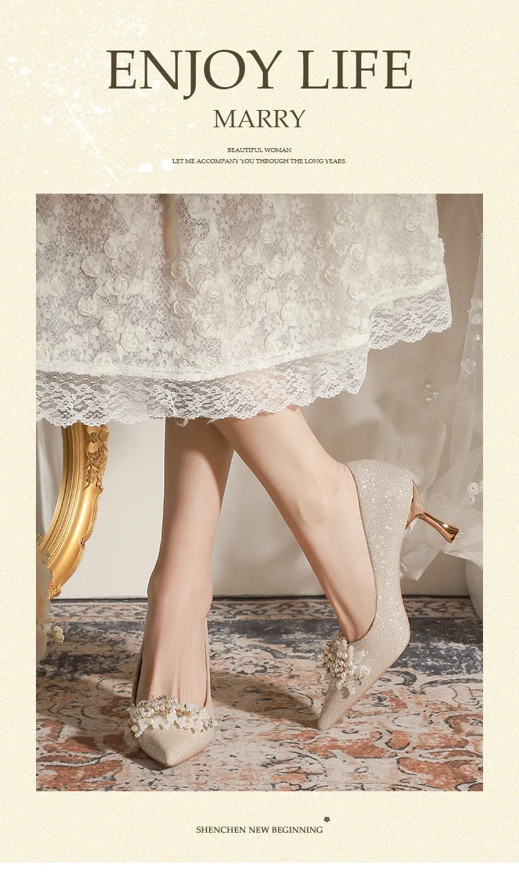 Women's Champagne Wedding Shoes Pointed High Heel Bridal Dress Pumps Plus Size 40-43 Elegant Formal Occasion Footwear showcase 2