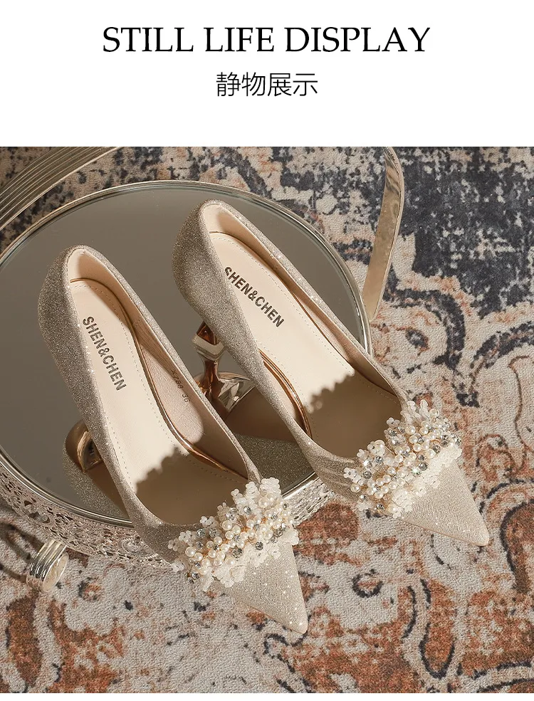 Women's Champagne Wedding Shoes Pointed High Heel Bridal Dress Pumps Plus Size 40-43 Elegant Formal Occasion Footwear showcase 17