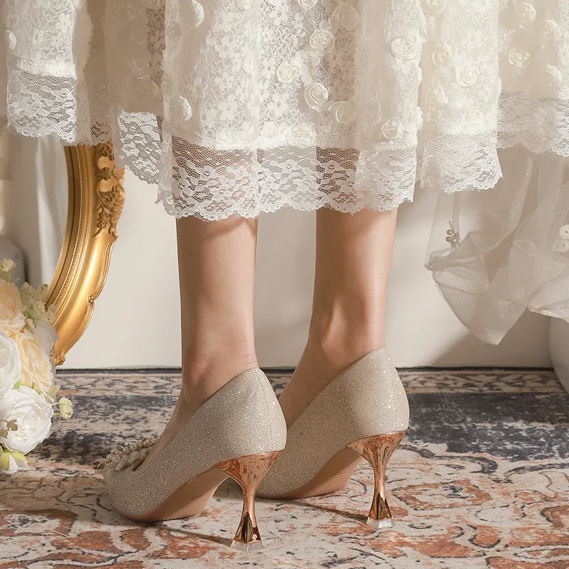 Women's Champagne Wedding Shoes Pointed High Heel Bridal Dress Pumps Plus Size 40-43 Elegant Formal Occasion Footwear thumbnail 3