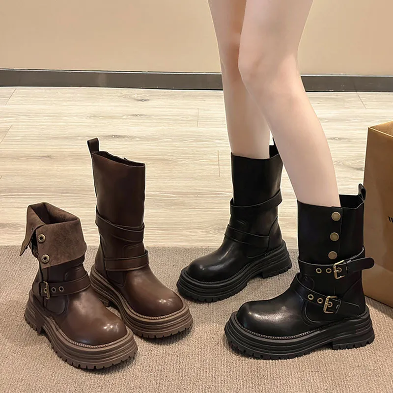 Women's British Style Ankle Boots 2025 Autumn Retro Maillard Brown/Black Thick Sole Short Boots Comfortable Fashionable Ladies Footwear thumbnail 1