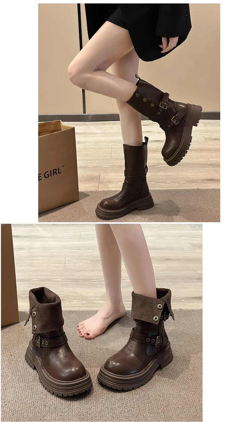 Women's British Style Ankle Boots 2025 Autumn Retro Maillard Brown/Black Thick Sole Short Boots Comfortable Fashionable Ladies Footwear showcase 14