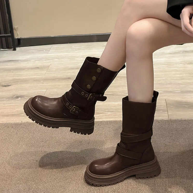 Women's British Style Ankle Boots 2025 Autumn Retro Maillard Brown/Black Thick Sole Short Boots Comfortable Fashionable Ladies Footwear thumbnail 4