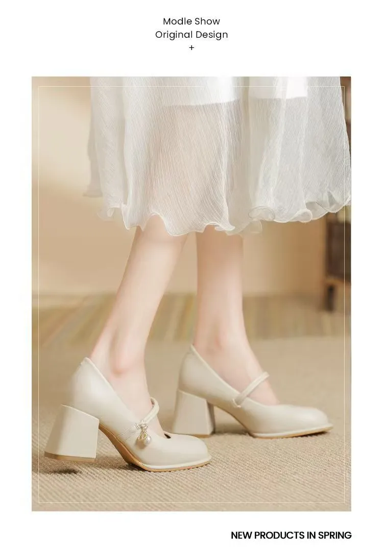 Women's Mary Jane Shoes 2024 Spring Autumn Fashion Chunky Heel Pumps Versatile French Style Elegant High Heels for Skirts showcase 3