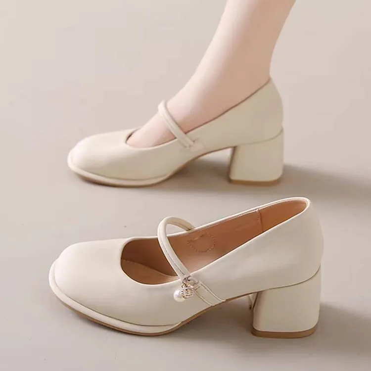 Women's Mary Jane Shoes 2024 Spring Autumn Fashion Chunky Heel Pumps Versatile French Style Elegant High Heels for Skirts thumbnail 1