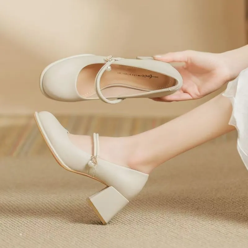 Women's Mary Jane Shoes 2024 Spring Autumn Fashion Chunky Heel Pumps Versatile French Style Elegant High Heels for Skirts thumbnail 4