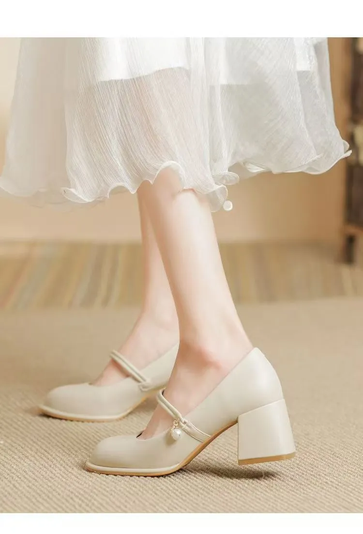 Women's Mary Jane Shoes 2024 Spring Autumn Fashion Chunky Heel Pumps Versatile French Style Elegant High Heels for Skirts showcase 2
