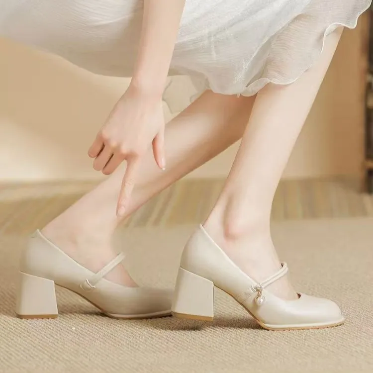 Women's Mary Jane Shoes 2024 Spring Autumn Fashion Chunky Heel Pumps Versatile French Style Elegant High Heels for Skirts thumbnail 3