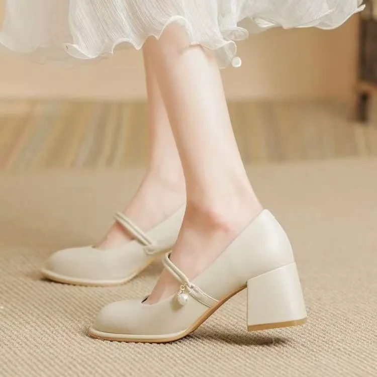 Women's Mary Jane Shoes 2024 Spring Autumn Fashion Chunky Heel Pumps Versatile French Style Elegant High Heels for Skirts thumbnail 2