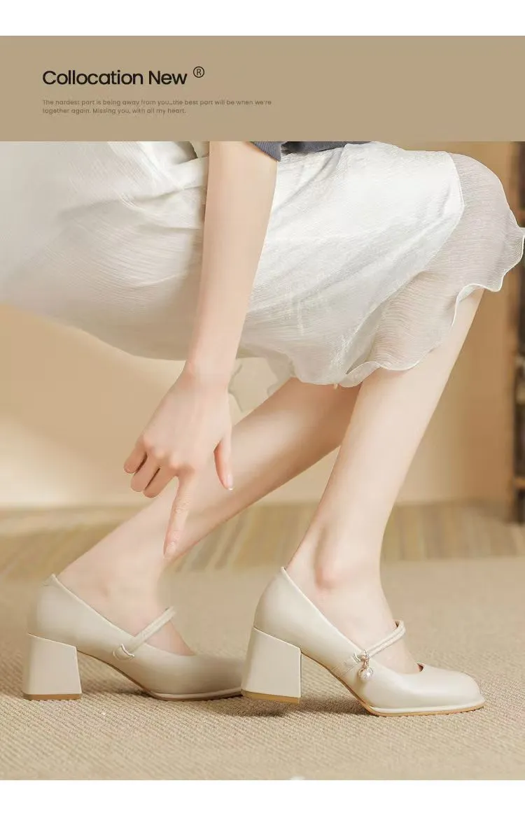 Women's Mary Jane Shoes 2024 Spring Autumn Fashion Chunky Heel Pumps Versatile French Style Elegant High Heels for Skirts showcase 4