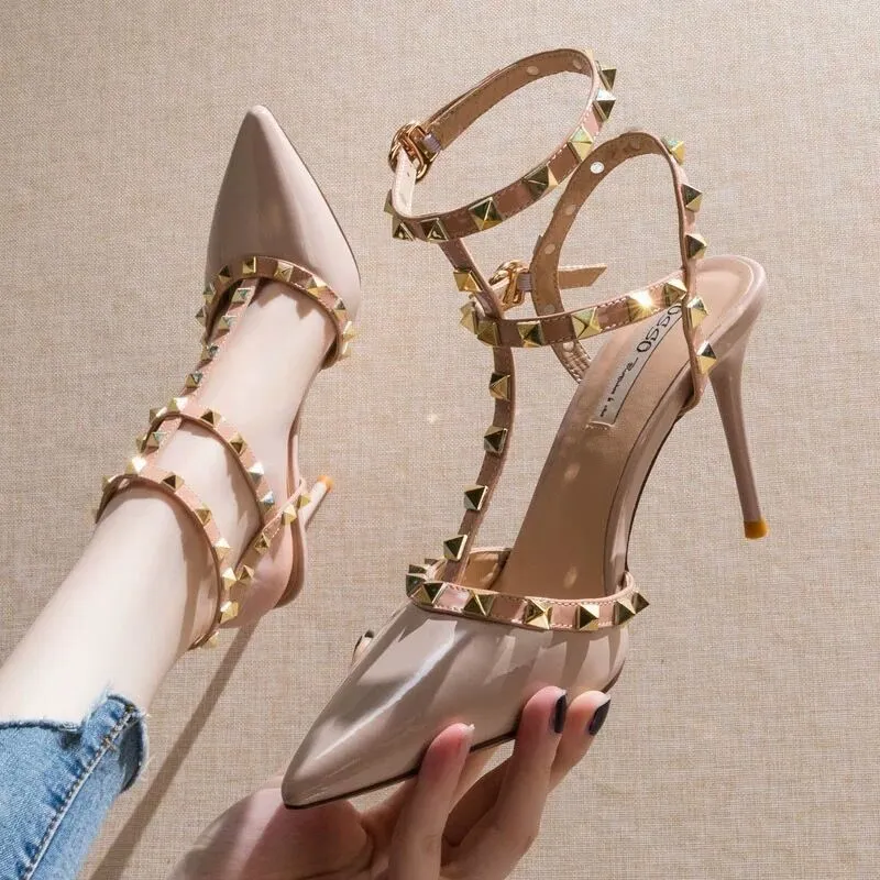 Women's Stiletto High Heels with Rivets - 2024 New Style Buckle Non-Slip Work Shoes - Pointed Toe, All-Match Fashion Pumps thumbnail 3