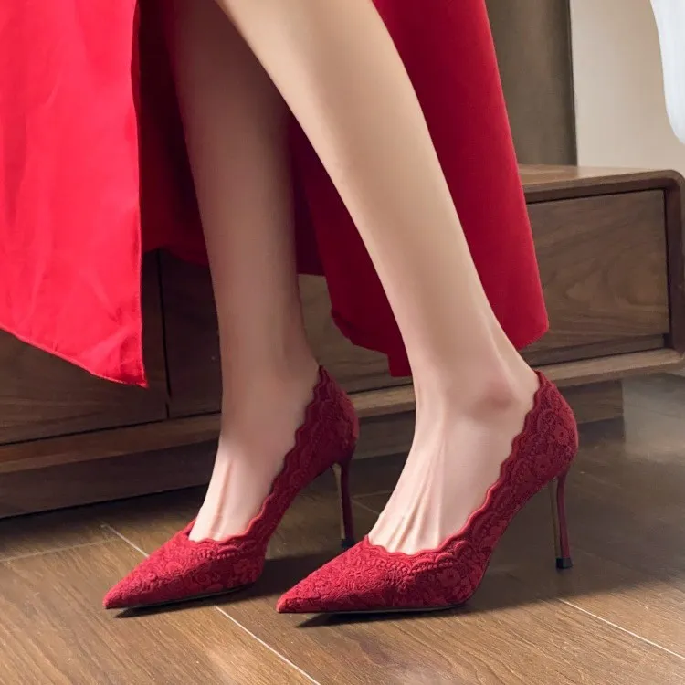 Red High Heels Wedding Shoes for Women - 2025 Autumn New Pointed Toe Stiletto Heel Embroidered Lace Bridal Shoes - Xiuhe Wedding Dress thumbnail 4