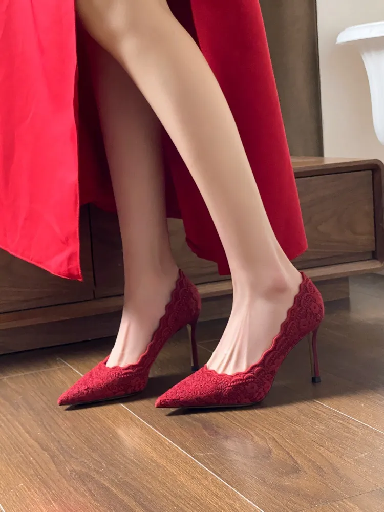 Red High Heels Wedding Shoes for Women - 2025 Autumn New Pointed Toe Stiletto Heel Embroidered Lace Bridal Shoes - Xiuhe Wedding Dress thumbnail 6
