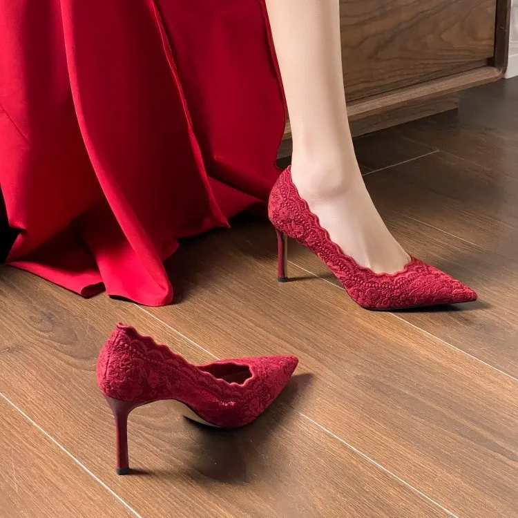 Red High Heels Wedding Shoes for Women - 2025 Autumn New Pointed Toe Stiletto Heel Embroidered Lace Bridal Shoes - Xiuhe Wedding Dress thumbnail 2