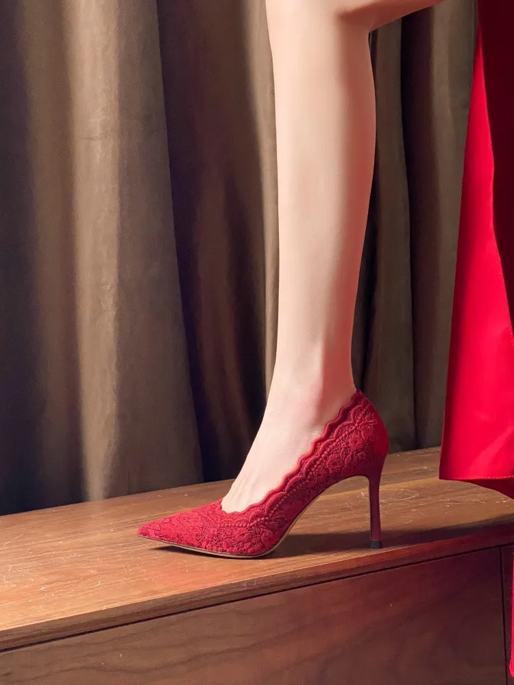Red High Heels Wedding Shoes for Women - 2025 Autumn New Pointed Toe Stiletto Heel Embroidered Lace Bridal Shoes - Xiuhe Wedding Dress showcase 8
