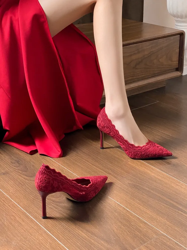 Red High Heels Wedding Shoes for Women - 2025 Autumn New Pointed Toe Stiletto Heel Embroidered Lace Bridal Shoes - Xiuhe Wedding Dress showcase 7