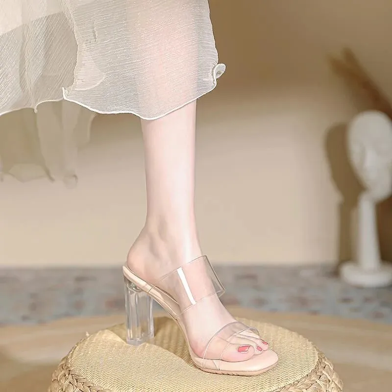 Women's Sheepskin High Heel Sandals - Transparent Crystal Heel, Summer Fashion, Comfortable Outer Wear Shoes for Ladies thumbnail 4