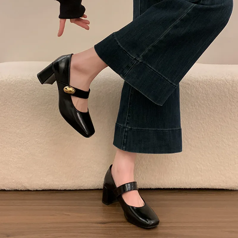 Women's Genuine Sheepskin Mary Jane Pumps - Square Toe Gold Buckle Chunky High Heel Dress Shoes for Evening, Work, and Special Occasions thumbnail 1