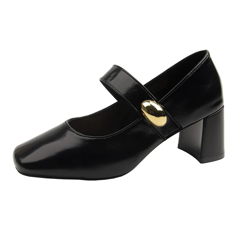 Women's Genuine Sheepskin Mary Jane Pumps - Square Toe Gold Buckle Chunky High Heel Dress Shoes for Evening, Work, and Special Occasions thumbnail 5