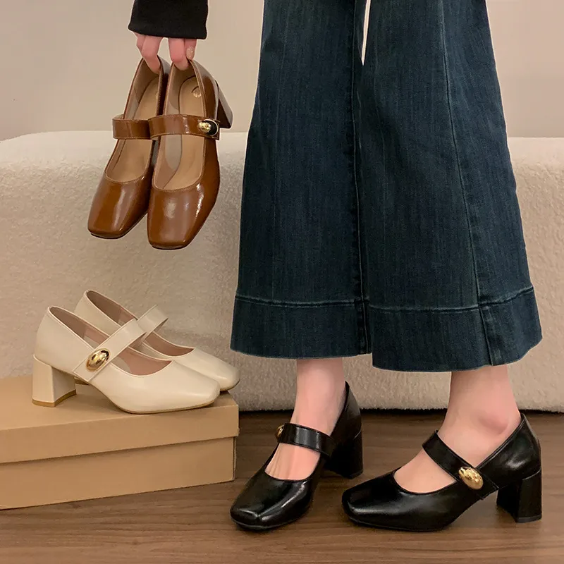 Women's Genuine Sheepskin Mary Jane Pumps - Square Toe Gold Buckle Chunky High Heel Dress Shoes for Evening, Work, and Special Occasions thumbnail 3