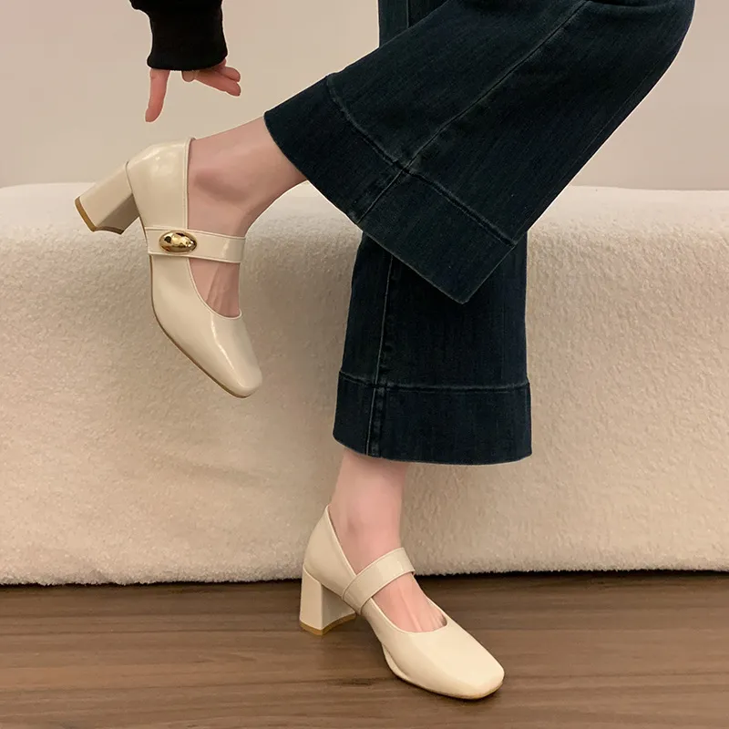 Women's Genuine Sheepskin Mary Jane Pumps - Square Toe Gold Buckle Chunky High Heel Dress Shoes for Evening, Work, and Special Occasions thumbnail 4