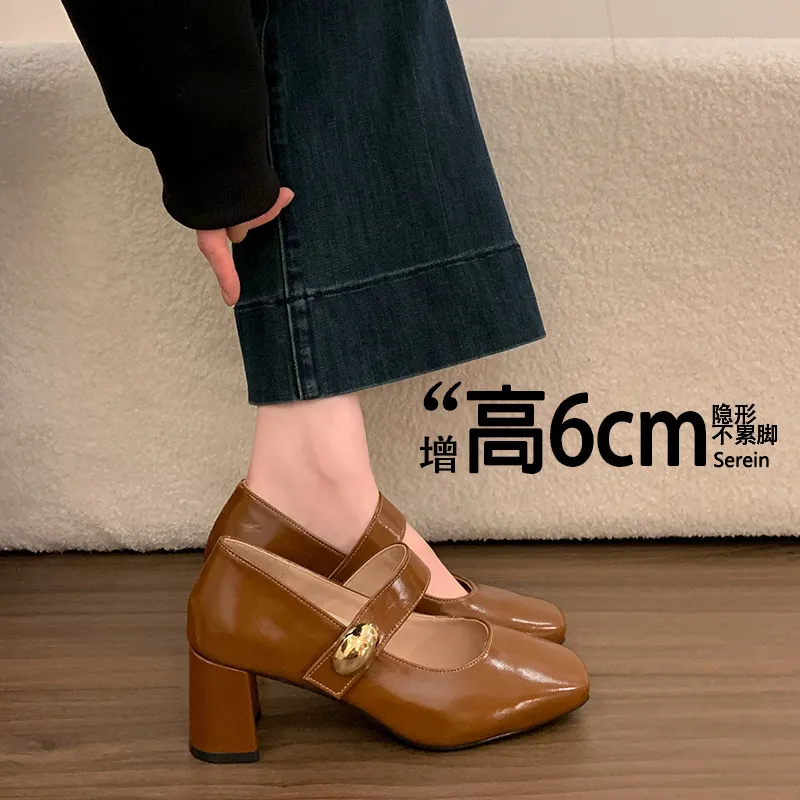 Women's Genuine Sheepskin Mary Jane Pumps - Square Toe Gold Buckle Chunky High Heel Dress Shoes for Evening, Work, and Special Occasions thumbnail 7