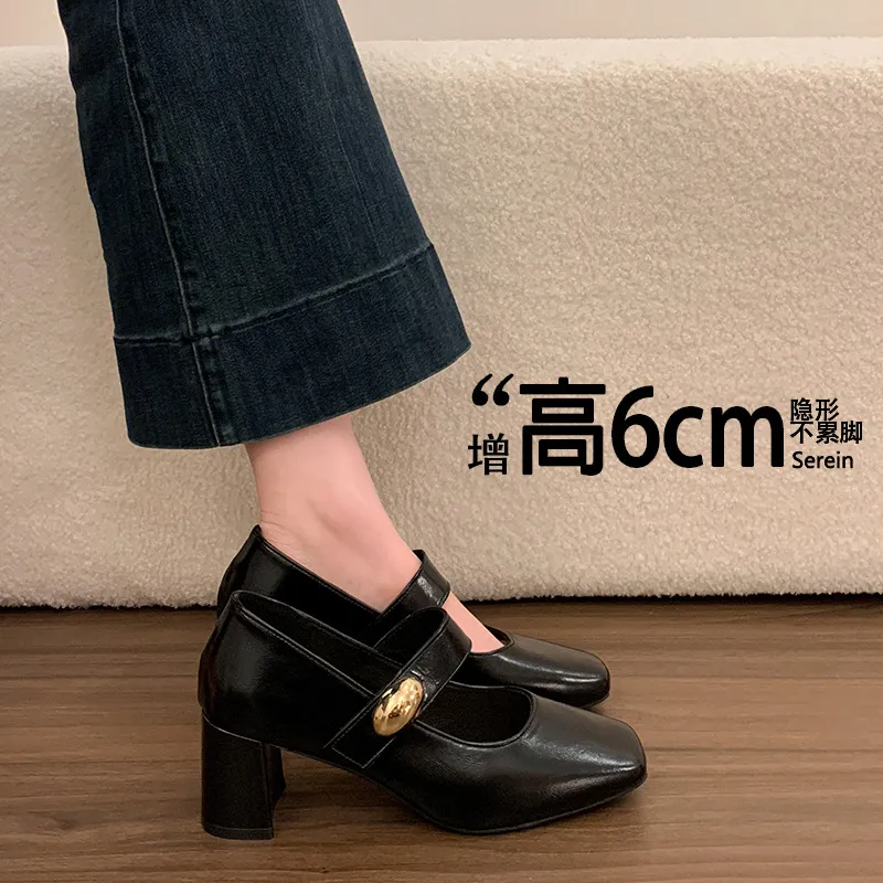 Women's Genuine Sheepskin Mary Jane Pumps - Square Toe Gold Buckle Chunky High Heel Dress Shoes for Evening, Work, and Special Occasions thumbnail 8