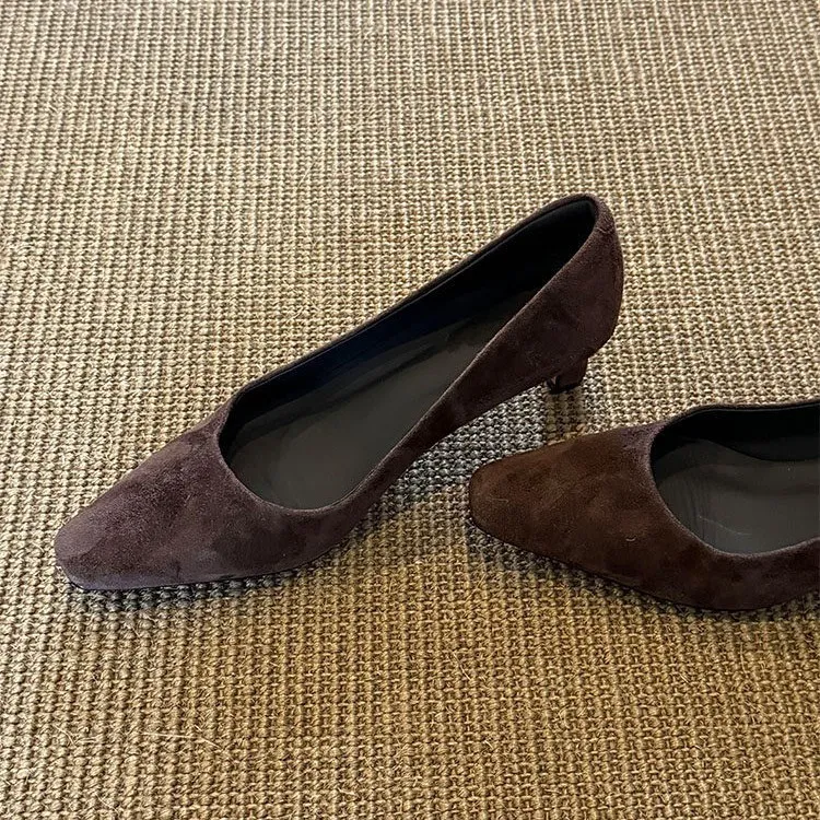 Women's Suede Leather Slip-On Heeled Shoes Elegant Pointed Toe Pumps Comfortable Work Casual High Heels thumbnail 4