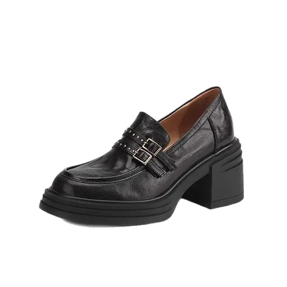 Women's Sheepskin Leather Loafers Retro Thick Sole High Heel Rivet Buckle 2025 New Fashion Comfortable Slip-On Shoes for Ladies thumbnail 5