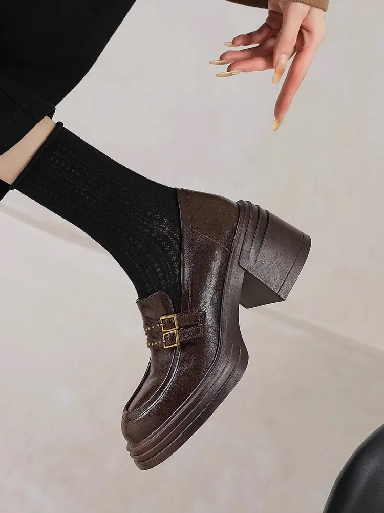 Women's Sheepskin Leather Loafers Retro Thick Sole High Heel Rivet Buckle 2025 New Fashion Comfortable Slip-On Shoes for Ladies thumbnail 7