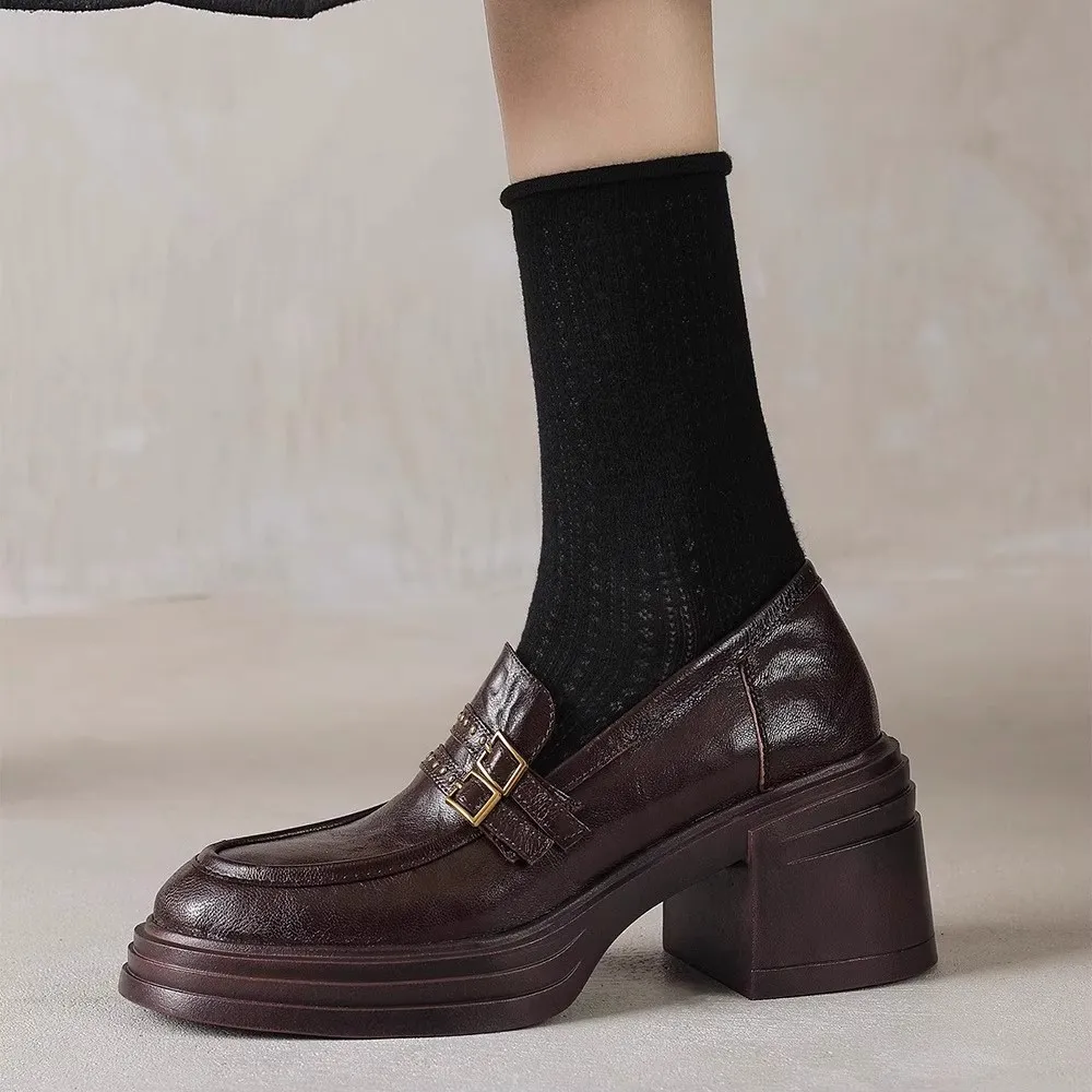 Women's Sheepskin Leather Loafers Retro Thick Sole High Heel Rivet Buckle 2025 New Fashion Comfortable Slip-On Shoes for Ladies thumbnail 4