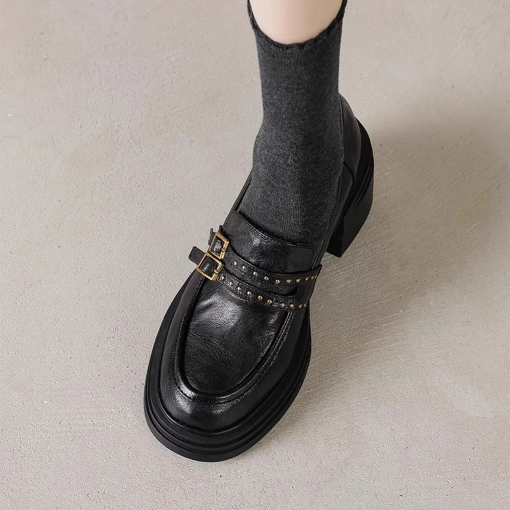 Women's Sheepskin Leather Loafers Retro Thick Sole High Heel Rivet Buckle 2025 New Fashion Comfortable Slip-On Shoes for Ladies thumbnail 3