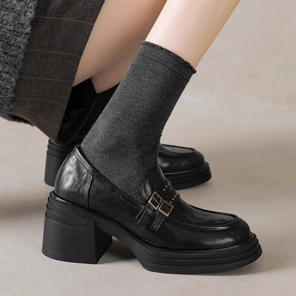 Women's Sheepskin Leather Loafers Retro Thick Sole High Heel Rivet Buckle 2025 New Fashion Comfortable Slip-On Shoes for Ladies thumbnail 2