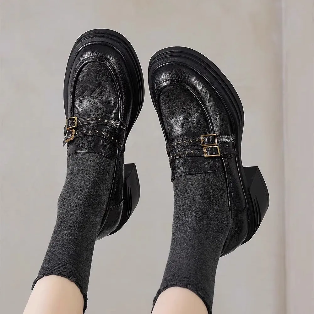 Women's Sheepskin Leather Loafers Retro Thick Sole High Heel Rivet Buckle 2025 New Fashion Comfortable Slip-On Shoes for Ladies thumbnail 1
