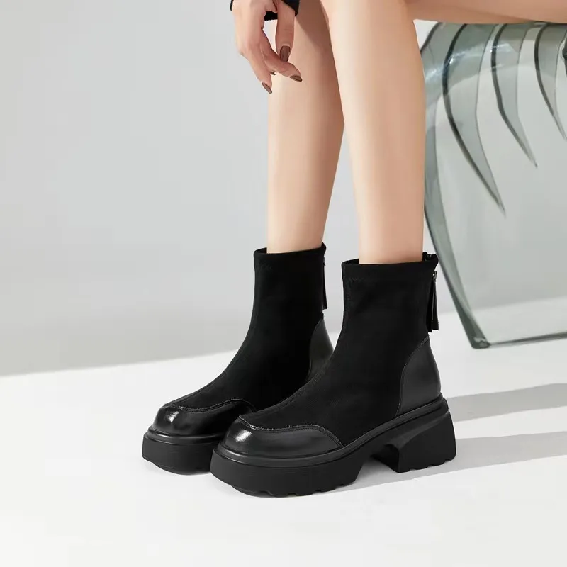 Women's Black Ankle Boots Fleece Lined - Stylish British Style Short Boots for Spring & Autumn 2024 - Comfortable All-Match Skinny Booties thumbnail 3