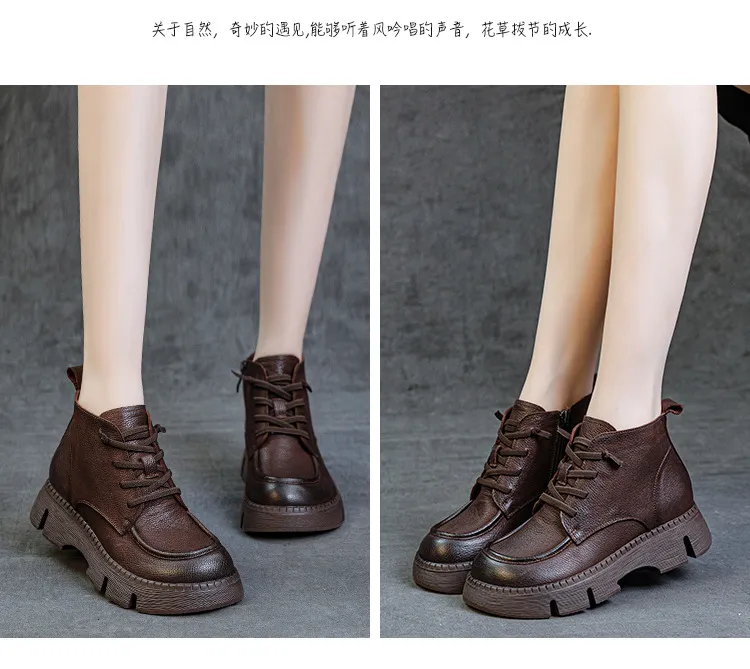 Women's Genuine Leather Ankle Boots Vintage Style Cowhide Short Boots Autumn 2024 New Collection Comfortable Thick Soft Sole Handmade British Fashion showcase 7
