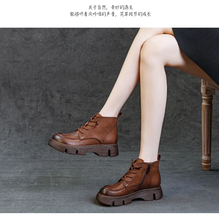 Women's Genuine Leather Ankle Boots Vintage Style Cowhide Short Boots Autumn 2024 New Collection Comfortable Thick Soft Sole Handmade British Fashion showcase 10