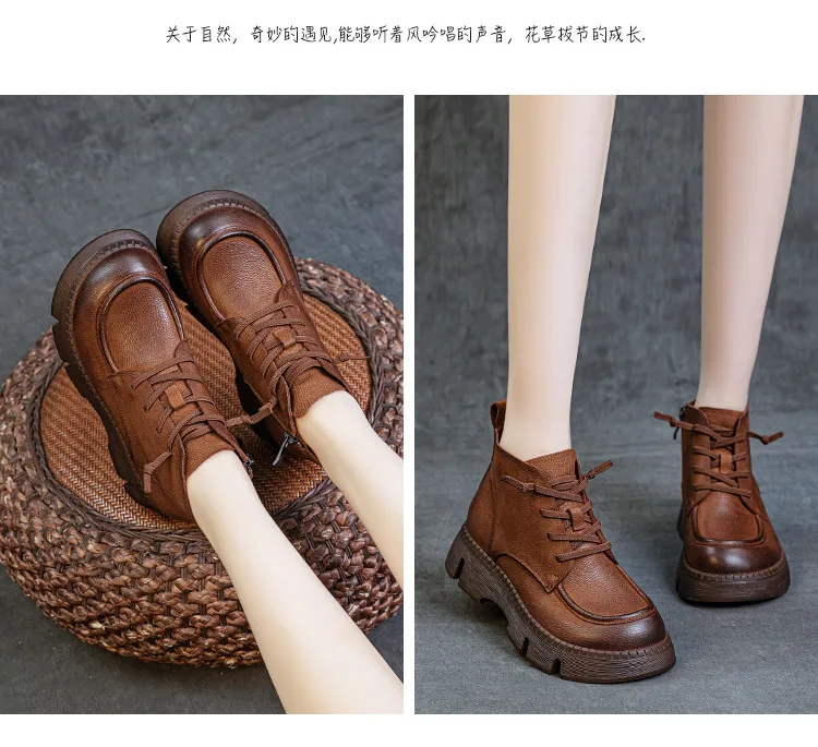 Women's Genuine Leather Ankle Boots Vintage Style Cowhide Short Boots Autumn 2024 New Collection Comfortable Thick Soft Sole Handmade British Fashion showcase 11
