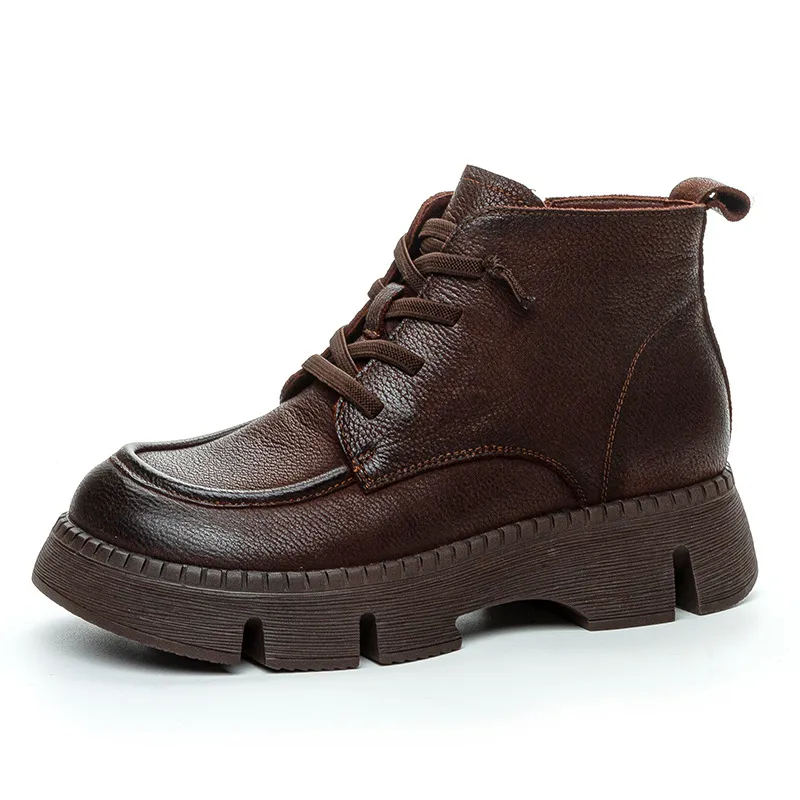 Women's Genuine Leather Ankle Boots Vintage Style Cowhide Short Boots Autumn 2024 New Collection Comfortable Thick Soft Sole Handmade British Fashion thumbnail 5