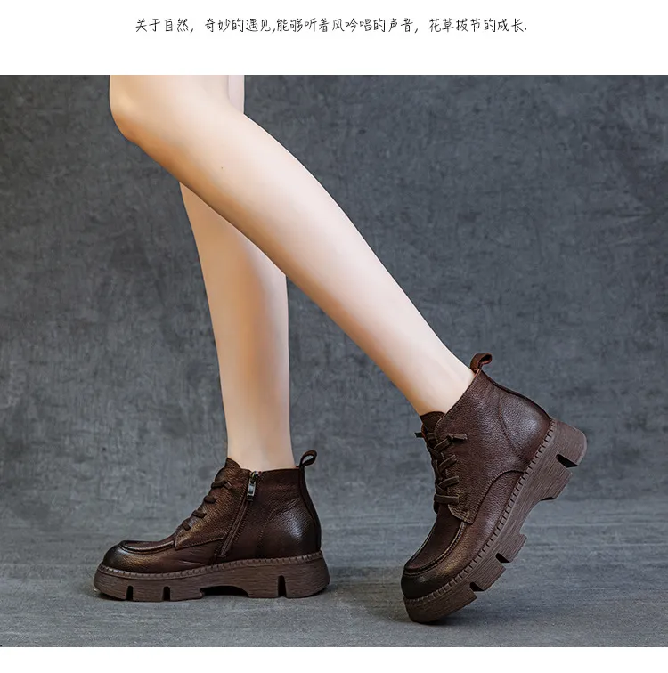 Women's Genuine Leather Ankle Boots Vintage Style Cowhide Short Boots Autumn 2024 New Collection Comfortable Thick Soft Sole Handmade British Fashion showcase 8