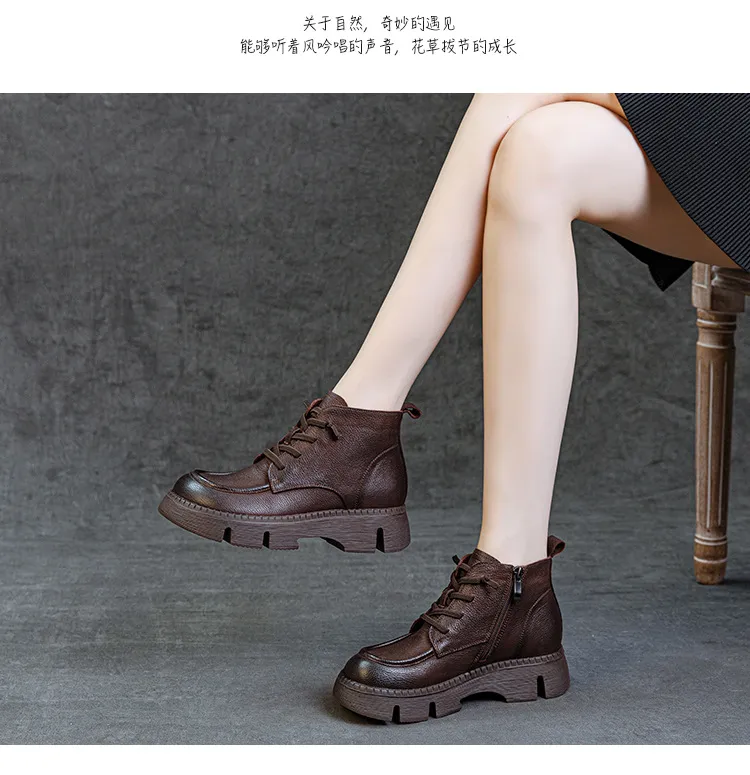 Women's Genuine Leather Ankle Boots Vintage Style Cowhide Short Boots Autumn 2024 New Collection Comfortable Thick Soft Sole Handmade British Fashion showcase 6