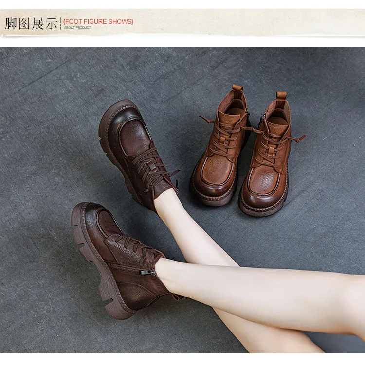 Women's Genuine Leather Ankle Boots Vintage Style Cowhide Short Boots Autumn 2024 New Collection Comfortable Thick Soft Sole Handmade British Fashion showcase 5