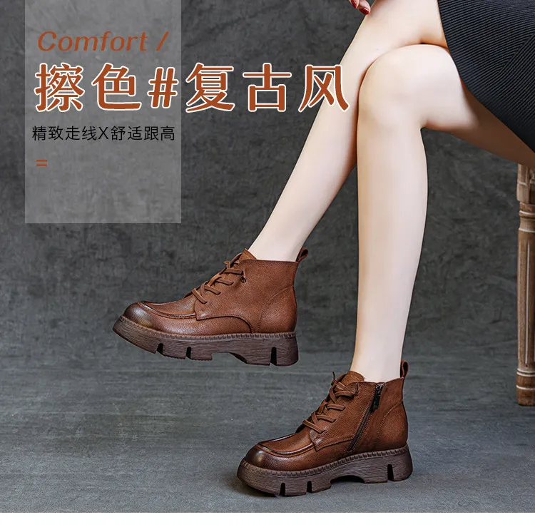 Women's Genuine Leather Ankle Boots Vintage Style Cowhide Short Boots Autumn 2024 New Collection Comfortable Thick Soft Sole Handmade British Fashion showcase 1