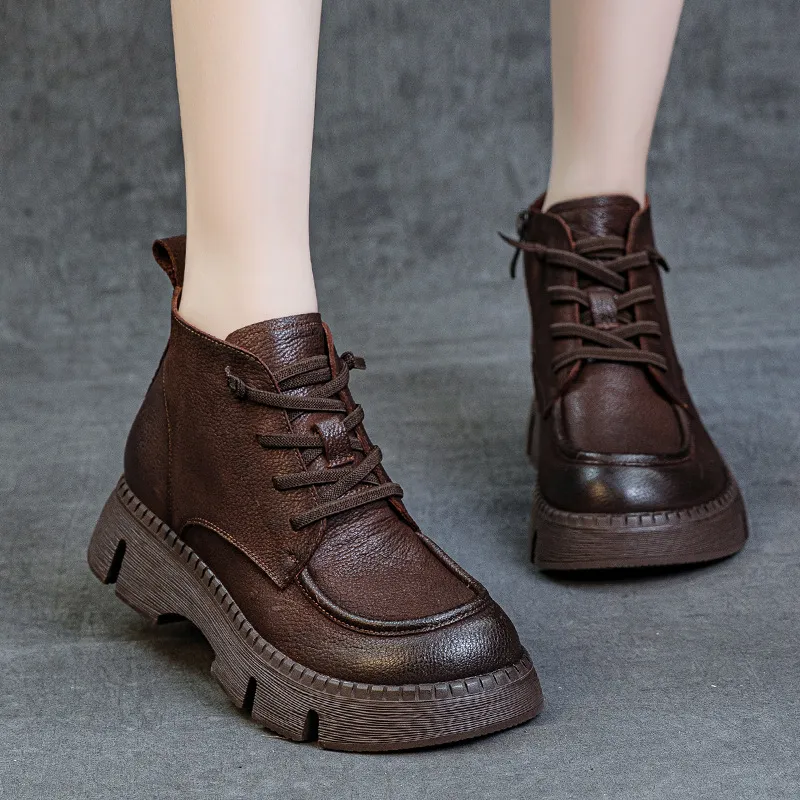 Women's Genuine Leather Ankle Boots Vintage Style Cowhide Short Boots Autumn 2024 New Collection Comfortable Thick Soft Sole Handmade British Fashion thumbnail 1