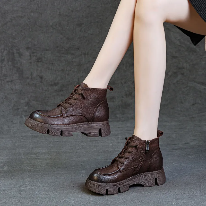 Women's Genuine Leather Ankle Boots Vintage Style Cowhide Short Boots Autumn 2024 New Collection Comfortable Thick Soft Sole Handmade British Fashion thumbnail 3